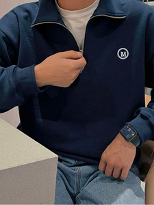 Men's <b>Navy</b> Blue Quarter Zip <b>Sweatshirt</b> Stand Collar Regular Fit Casual Solid Color French Terry Knitted Winter Wear - Product Image 3