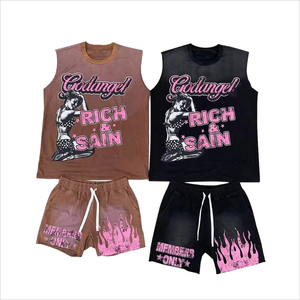 High Quality Custom Print Streetwear Oversized Sleeveless Men's Shorts and T-shirt <b>Set</b> - Product Image 6
