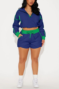 Women Plus Size Blue Green Contrast Tracksuit Set Casual Quarter-<b>Zip</b> Crop Top Shorts Loose Fit Summer Wear - Product Image 2