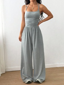 Mono de Verano para Mujer con Tirantes Halter, Estilo Europeo Americano, de Pierna Ancha, con Logotipo Bordado Personalizado OEM, Precio de Fábrica BD China - Product Image 3