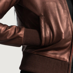 <b>Women's</b> <b>Brown</b> <b>Leather</b> Bomber <b>Jacket</b> Full Sleeve Zipper Closure Stand Collar Winter Style Waterproof Eco-Friendly Reversible - Product Image 5