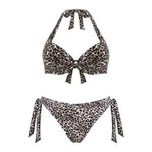Women <b>Leopard</b> Color Blocking One-Piece Bikini Set Halter Neck Push High Cut Bottom Bandeau Bra Crystal Decoration Stretch Fabric - Product Image 1