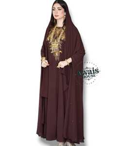 Awais House Women's Maroon Embroidered Organza Floor-Length V-Neck Long Sleeve A-Line Abaya Beaded Embroidery Evening/ Formal - Product Image 4