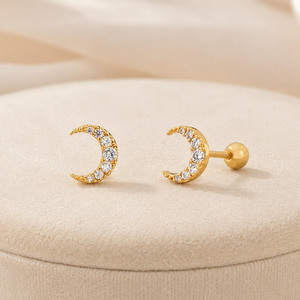925 Sterling Silver Dainty Gold Crescent Moon Channel Setting <b>Fine</b> <b>Stud</b> <b>Earrings</b> - Product Image 1