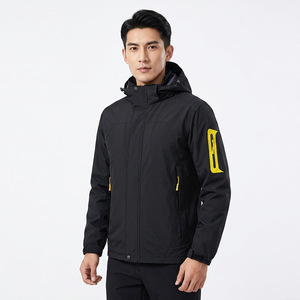 Men's Waterproof Winter Jacket Hooded Solid Black With Yellow Logo On Sleeve Sporty Style Zipper Closure - Product Image 5