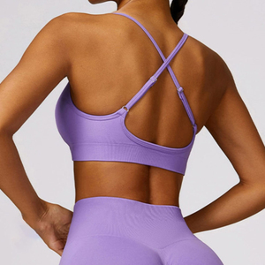Ensemble sportif décontracté 2 pièces pour femme, violet uni, tricoté en polyester/coton, soutien-gorge de sport, débardeur sans manches, short, respirant pour l'été - Product Image 4