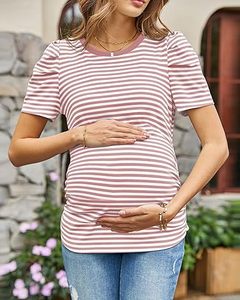Camiseta de Maternidad de Algodón 100% al por Mayor con Diseño de Rayas, Camiseta de Moda para Embarazadas, Camiseta de Maternidad de Manga Corta con el Diseño Más Nuevo - Product Image 4