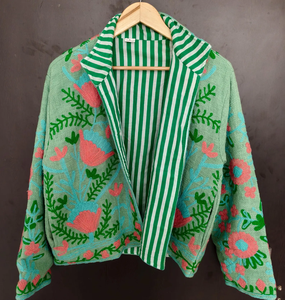 Handmade Reversible Suzani <b>Quilted</b> Jacket 100% Cotton Embroidered Boho Floral Eco-Friendly Sage Green Hand-Embroidered Artisanal - Product Image 2