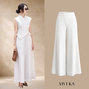 Pantalon décontracté pour femme, moderne et élégant, blanc, taille haute, jambe large évasée, longueur complète, en Spandex/Polyester, infroissable, coupe ample, avec fermeture éclair - Product Image 1