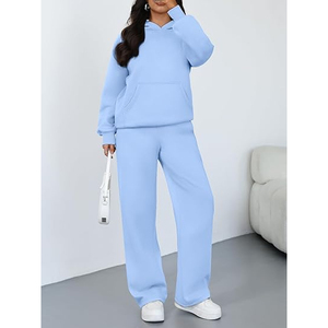 Ensemble sweat-shirt à capuche en spandex bleu clair uni pour femme, pantalon ample en molleton à jambes larges, tenue décontractée pour toutes les saisons, ensemble 2 pièces - Product Image 6