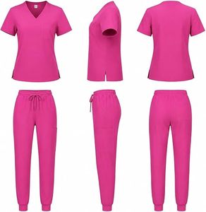 Conjunto de Uniforme Médico para Mujer, Color Rosa, Cuello en V, Manga Corta, Pantalones Jogger, Algodón y Poliéster, Tejido de Punto - Product Image 3