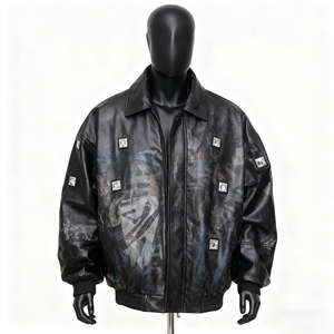 Men's Color Blocking Pattern Genuine Leather Varsity <b>Jacket</b> Stand Collar Zipper Closure Casual Winter Wear 220g - Product Image 2