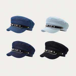 Gorra plana retro con remaches de cadena, azul marino, para mujer, estilo otoñal, que estiliza el rostro, gorra de visera plana. - Product Image 1