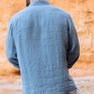 Chemise décontractée pour homme en coton et lin respirant de haute qualité, col en V, coupe ample, manches longues, été - Product Image 2