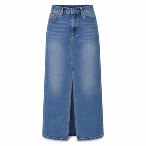 Jupe en jean personnalisée pour femmes |   Jupe longue en jean avec fente avant |   Jupe en jean bleu délavé taille haute |   Jupe en jean vintage - Product Image 1
