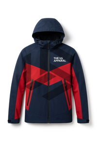 Custom Men's Winter Hooded <b>Jacket</b> <b>Red</b> Navy Color Block Sporty <b>Waterproof</b> Zipper Front Regular Fit - Product Image 2