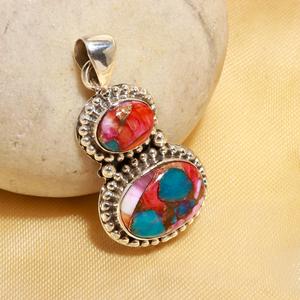 Pendentif en turquoise d'huître épineuse rose naturelle, charme en pierre rose en argent sterling 925, fait main, vintage, unisexe, cadeau d'anniversaire - Product Image 2