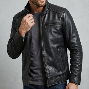 Custom Men Genuine Leather <b>Jacket</b> Slim Fit Motorcycle Cafe <b>Racer</b> Biker <b>Jacket</b> Quilted Shoulder Real Leather Coat for Men - Product Image 3