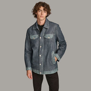 Blouson de moto réversible imperméable en peau de mouton cirée délavée noir et marron à col montant grande taille pour homme - Product Image 3