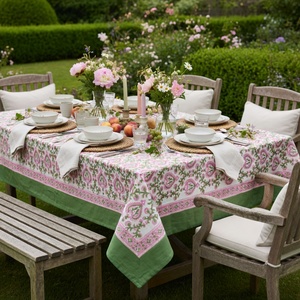 Mughal Pink Green 10 Seater <b>Tablecloth</b> 180x270cm Handcrafted Block Printed 100% Cotton Wedding Dining Home Decor Style - Product Image 2