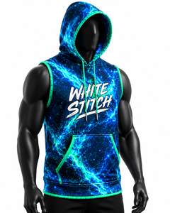 Sudadera sin mangas con capucha de mezclilla para hombre White Stitch, con estampado de rayo azul bordado, transpirable, de secado rápido, estilo urbano, corte holgado - Product Image 1