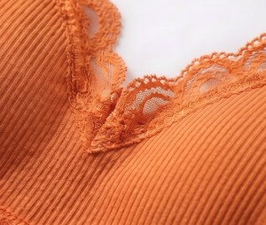 Conjunto de bralette sin aros y braguita de bikini naranja para mujer con ribete de encaje, ropa interior de punto de cintura media de spandex de secado rápido - Product Image 6