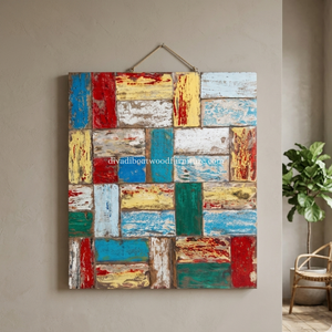 Panel Decorativo de Pared Cuadrado con Mosaico de Madera de Barco Reciclada, Hecho a Mano por DIVADI, Diseño Náutico Vintage con Acero Inoxidable - Product Image 5