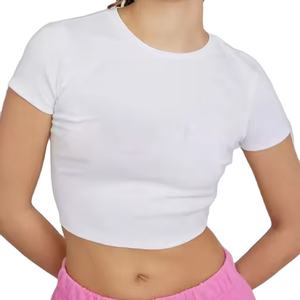 T-shirt court blanc slim fit pour femme, décontracté, col rond, manches courtes, en coton extensible - Product Image 1