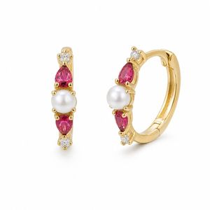 Pendientes Huggie de Plata de Ley 925 al por Mayor, Chapados en Oro de 18K, con Perlas y Circonitas Rosas - Product Image 4