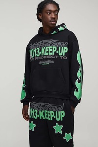 Ensemble de survêtement à capuche pour homme, imprimé flamme noir et vert, streetwear, coupe ample, sweat-shirt et pantalon en coton, tenue d'automne - Product Image 2
