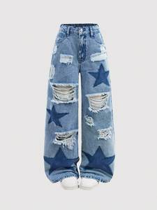 Jeans de Mujer de Cintura Alta, Rotos, de Pierna Ancha, con Parche de Estrella, Denim Desgastado, Corte Holgado Informal, Largos - Product Image 2