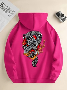 Green Unisex Hooded Sweatshirt Letter Print <b>Back</b> Casual Winter Wear Loose Fit 100% Cotton Fleece Anti-Pilling Knitted Fabric - Product Image 4