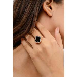 14K Gold Plated Black Onyx Zircon Clover Statement Ring-Gift - Product Image 5