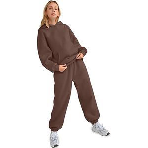 Ensemble survêtement décontracté 2 pièces pour femme : sweat à capuche marron et pantalon de jogging en molleton, coupe ample, manches longues, couleur unie - Product Image 4