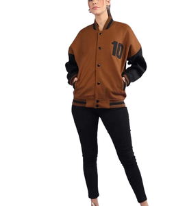 Chaqueta Varsity Marrón para Mujer, Manga Larga, Color en Contraste, Número 10, Logotipo Frontal, Estilo Otoñal, Largo Regular, Cuello con Botones - Product Image 1