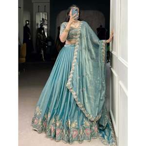 Hermoso Lehenga Choli de Organza Azul Cielo con Tejido Zari para Compromiso - Product Image 6
