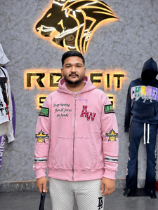 Rexfit Unisex <b>Pink</b> Patch Embroidery <b>Hoodie</b> Zip-Up Formal Regular Fit 100% Cotton French Terry Sweatshirt Pockets Logo Print - Product Image 1
