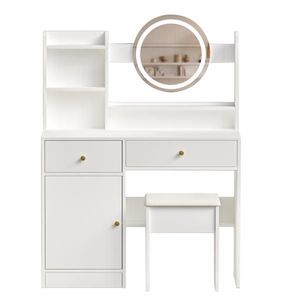 Fashionable Vanity Desk with LED Lights Cushioned Chair 3-Color Mirror Table Set for <b>Dressing</b> & Makeup - Product Image 1
