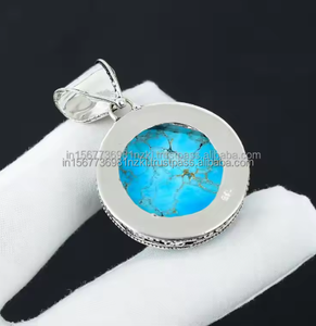 สร้อยคอจี้อัญมณีสีฟ้าเทอร์ควอยส์925เงินแท้ทรงกลมสร้อยคอของขวัญวันเกิดสำหรับคริสต์มาส - Product Image 2