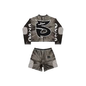 Ensembles de t-shirts pour hommes personnalisés Col côtelé avec ourlet vieilli en pierre T-shirts pour hommes Bande de taille élastique Ensemble short et t-shirts pour hommes - Product Image 3