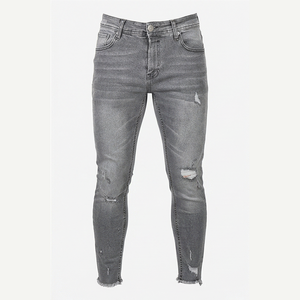 Jean en denim gris déchiré et délavé pour homme, coupe slim taille haute, style décontracté automne, pantalon droit en coton - Product Image 1