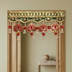 Elegant Indian Wedding Bandhanwar with Green Gold Embroidery Red Lotus Charms and Pearl Hanging Tassels - Product Image 1