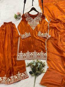 TENNECY Salwar Kameez en Soie Orange Brodé pour Femme, Tenue Traditionnelle Indienne et Pakistanaise pour Mariage, Longueur Cheville, Coupe Classique - Product Image 6