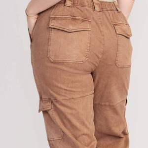 Women's Mid Waist Cargo Pants Solid Brown Canvas Casual Knee Length With Pockets Loose Fit <b>Elastic</b> Waist Summer Style - Product Image 6