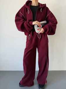 Ensemble jogging en cuir marron sur mesure pour femme, sweat-shirt oversize et survêtement assorti, streetwear décontracté, vente en gros - Product Image 5