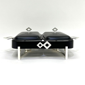 Plat à réchaud double noir avec accents ornés de diamants, poignées argentées et couvercles élégants pour événements de buffet de luxe et mariages - Product Image 6