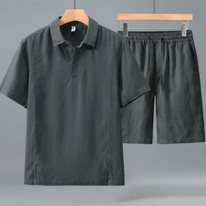 Ensemble polo et short en lin et coton pour homme, coupe ample, respirant, décontracté, tenue en deux pièces - Product Image 1