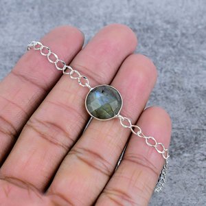 Labradorite Round Cut Gemstone Handmade Bezel 925 Sterling <b>Silver</b> Plated <b>Bracelet</b> For Party 7-8'' - Product Image 3