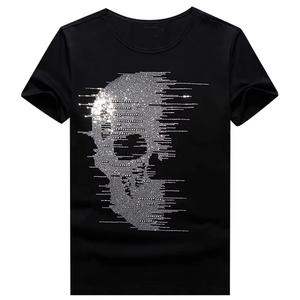 เสื้อยืดคอกลมแขนสั้นสีดำสำหรับผู้ชาย ลายหัวกะโหลกแบบกลิตเตอร์ สวมใส่สบาย ทรงปกติ ผ้าถัก - Product Image 1