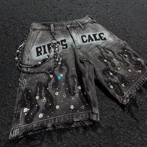 Shorts en jean pour hommes, impression personnalisée, tendance streetwear, shorts en jean avec chaînes pour hommes - Product Image 2